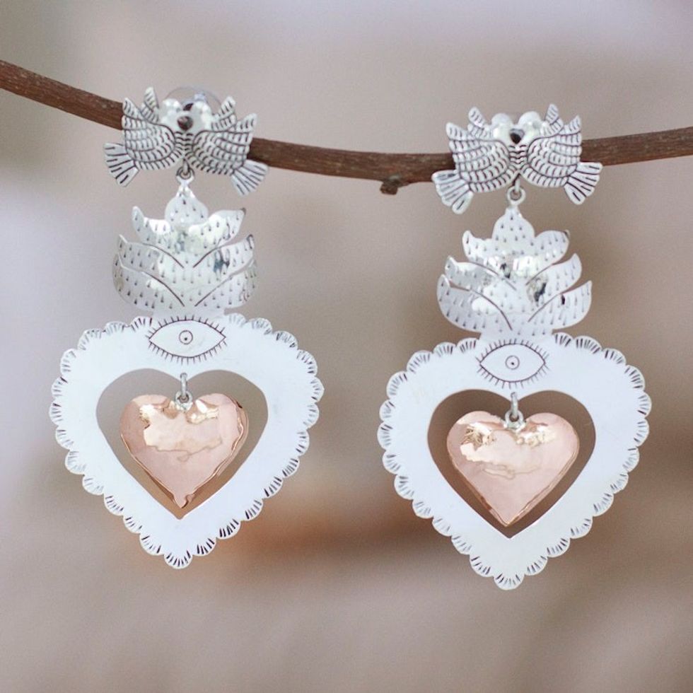 Heart-Shaped Sterling Silver and Copper Dangle Earrings 'Heart of Traditions'