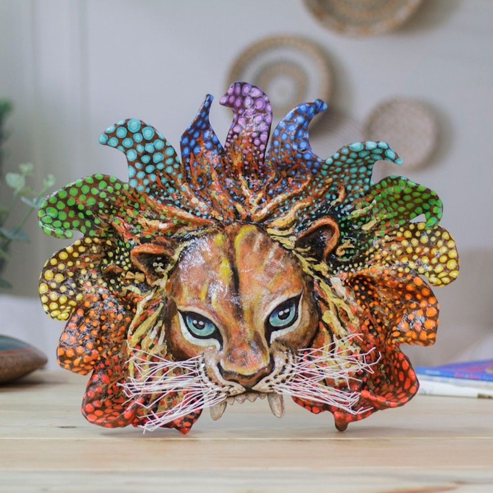Lacquered Hand-Painted Lion Papier Mache Mask from Mexico 'Colorful Lion'