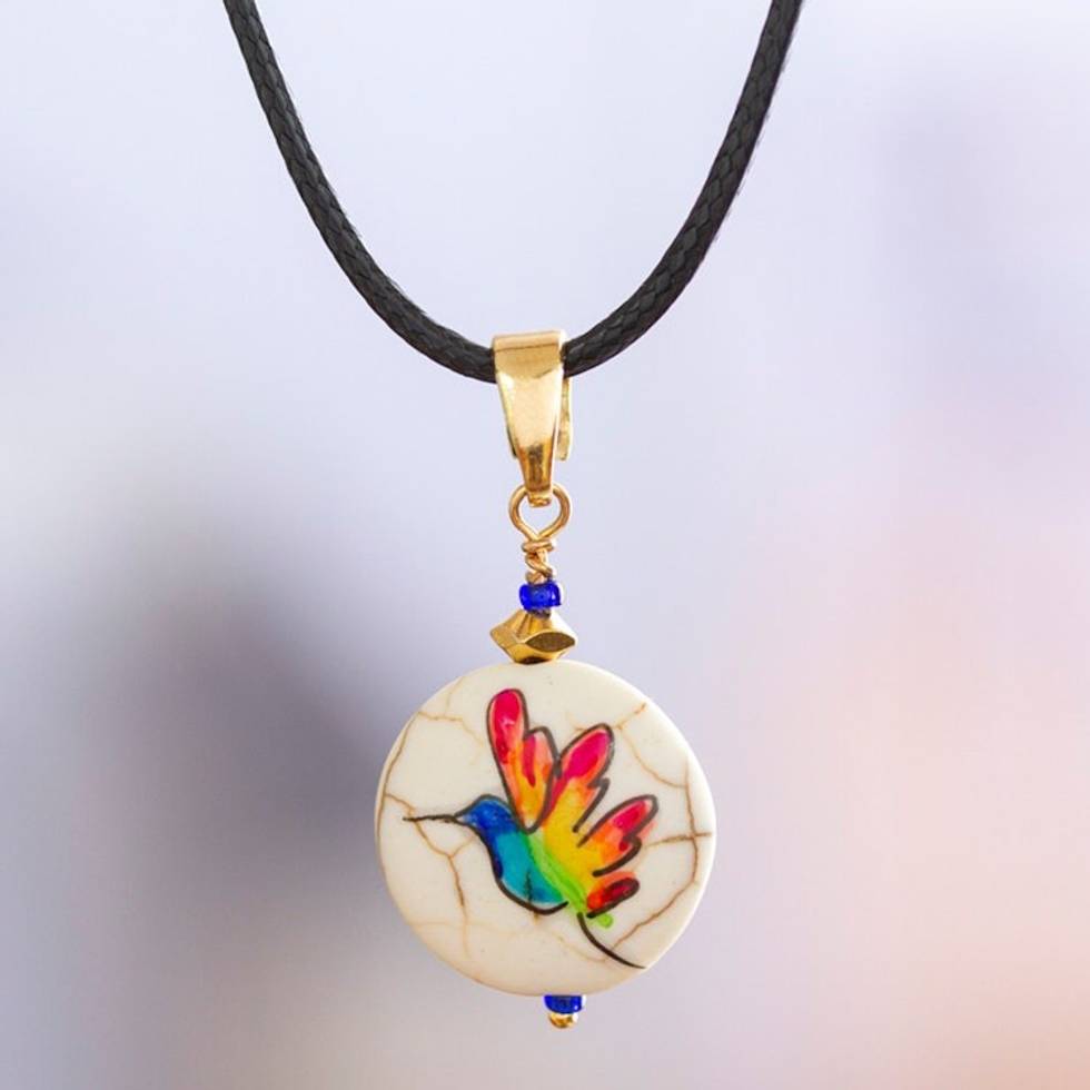 14k Gold-Accented Pendant Necklace with Hand-Painted Bird 'Feathered Rainbow'