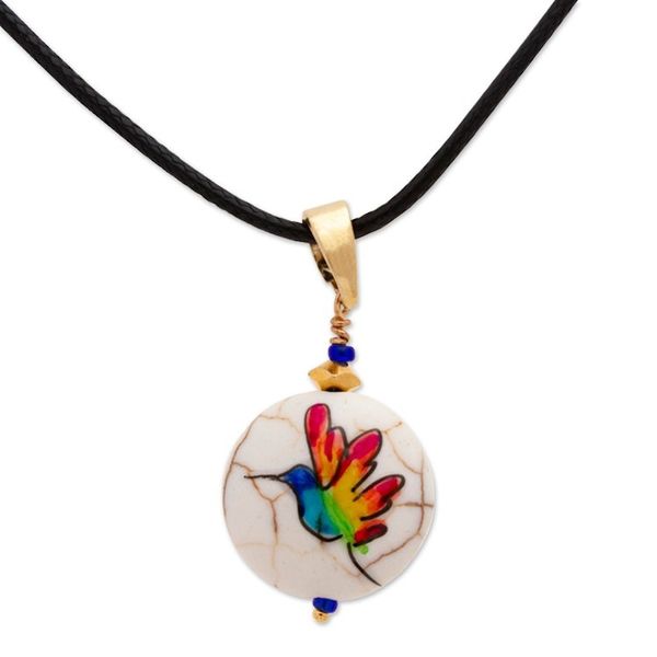 Alternate image for 14k Gold-Accented Pendant Necklace with Hand-Painted Bird Feathered Rainbow