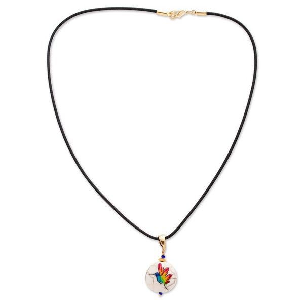 Alternate image for 14k Gold-Accented Pendant Necklace with Hand-Painted Bird Feathered Rainbow