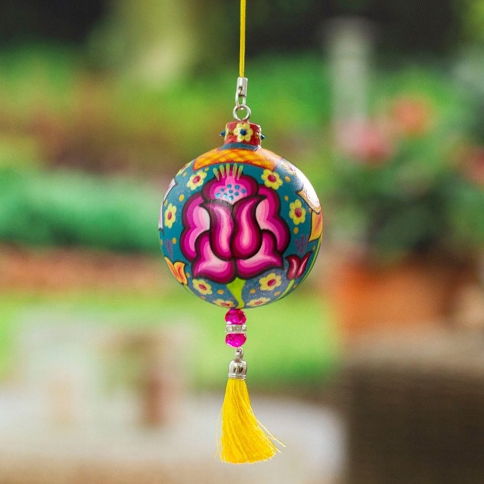 Hand-Painted Floral Copal Wood Ornament in a Teal Base Hue 'Oaxaca's Teal Spring'