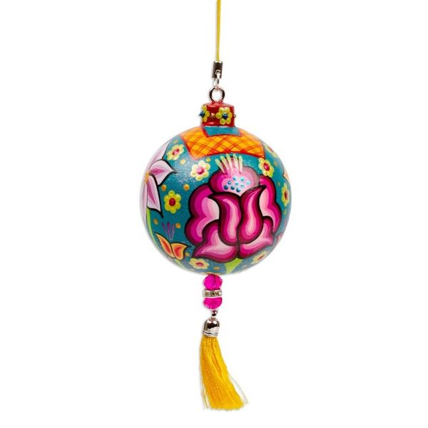 Alternate image for Hand-Painted Floral Copal Wood Ornament in a Teal Base Hue Oaxacas Teal Spring
