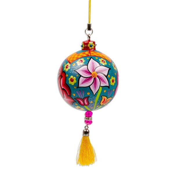 Alternate image for Hand-Painted Floral Copal Wood Ornament in a Teal Base Hue Oaxacas Teal Spring
