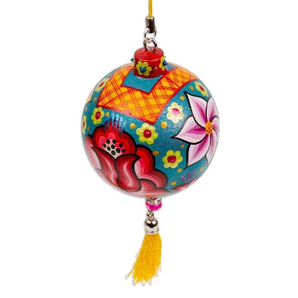 Alternate image for Hand-Painted Floral Copal Wood Ornament in a Teal Base Hue Oaxacas Teal Spring