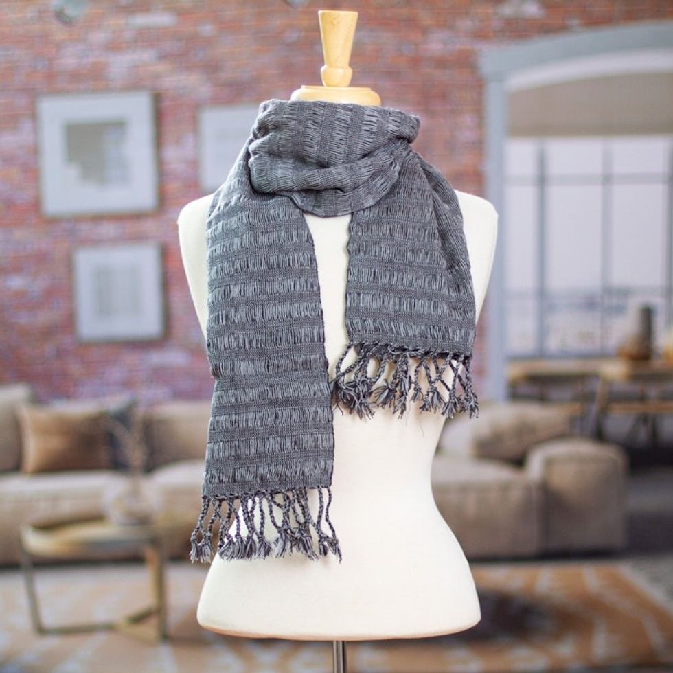 Grey Cotton Scarf with Braided Fringes Handloomed in Mexico 'Grey Catwalks'