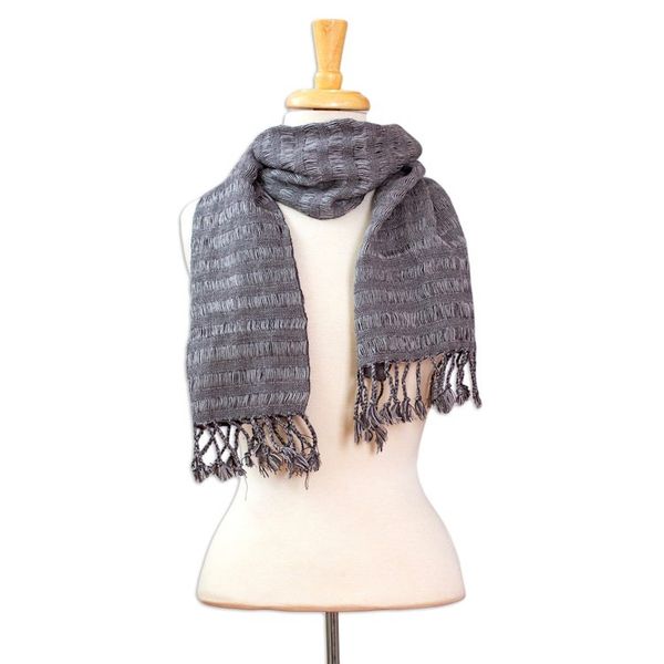 Alternate image for Grey Cotton Scarf with Braided Fringes Handloomed in Mexico Grey Catwalks