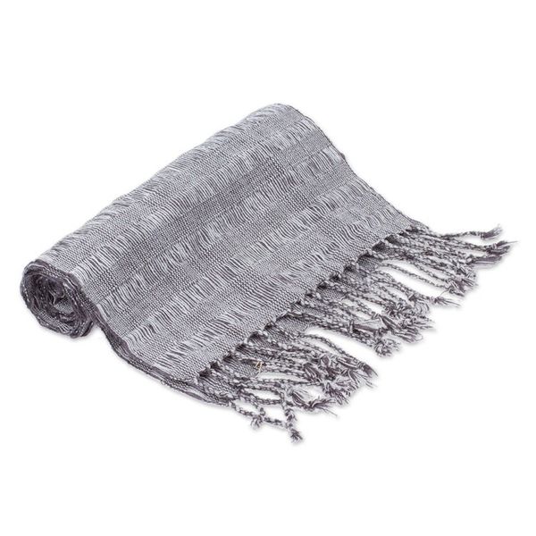 Alternate image for Grey Cotton Scarf with Braided Fringes Handloomed in Mexico Grey Catwalks