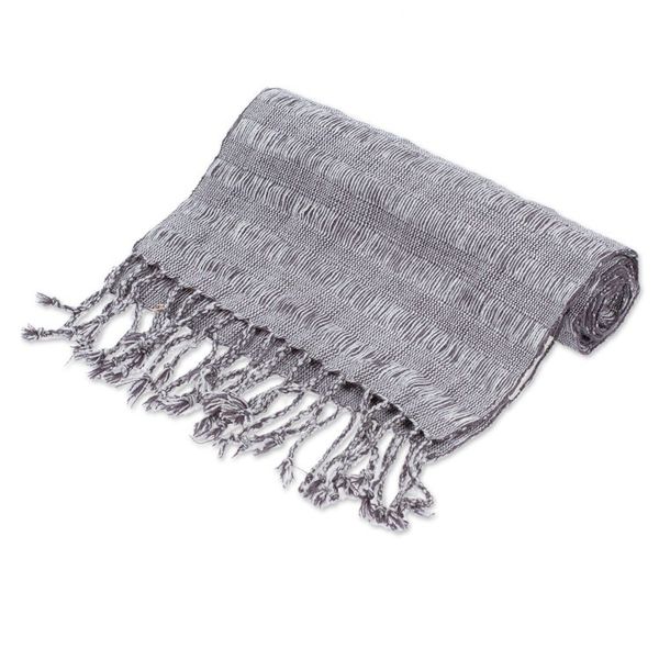 Alternate image for Grey Cotton Scarf with Braided Fringes Handloomed in Mexico Grey Catwalks