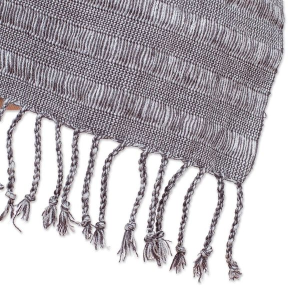 Alternate image for Grey Cotton Scarf with Braided Fringes Handloomed in Mexico Grey Catwalks