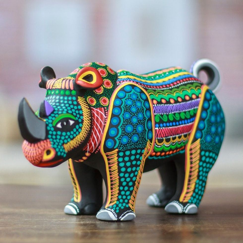 Colorful Hand-Painted Rhino Ceramic Alebrije Figurine 'Mighty Rhino'