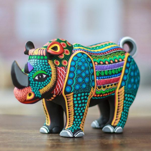 Alternate image for Colorful Hand-Painted Rhino Ceramic Alebrije Figurine Mighty Rhino