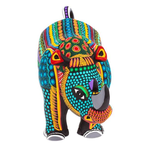 Alternate image for Colorful Hand-Painted Rhino Ceramic Alebrije Figurine Mighty Rhino