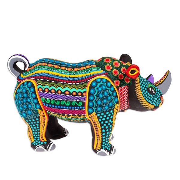Alternate image for Colorful Hand-Painted Rhino Ceramic Alebrije Figurine Mighty Rhino