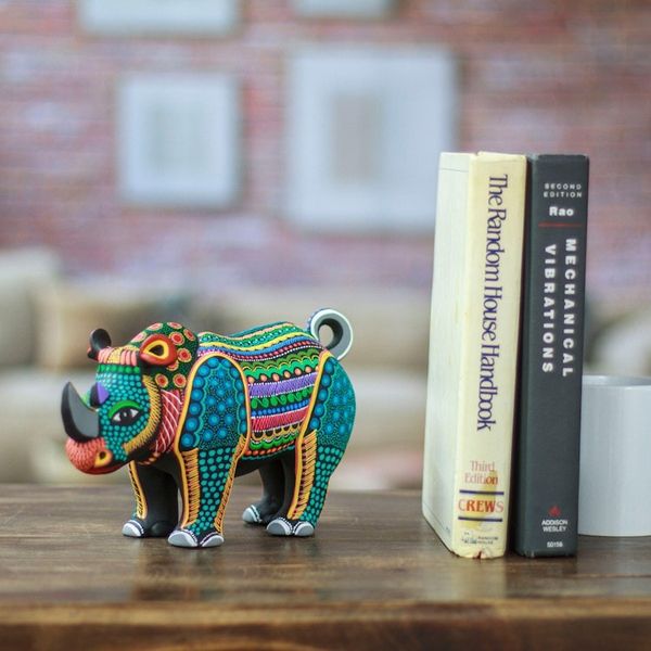 Alternate image for Colorful Hand-Painted Rhino Ceramic Alebrije Figurine Mighty Rhino
