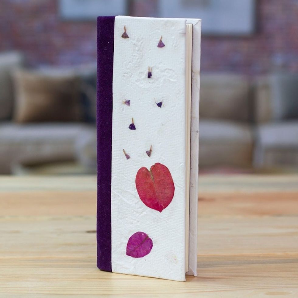 Handcrafted Leafy and Floral Purple Amate Paper Notebook 'Spring Thoughts'
