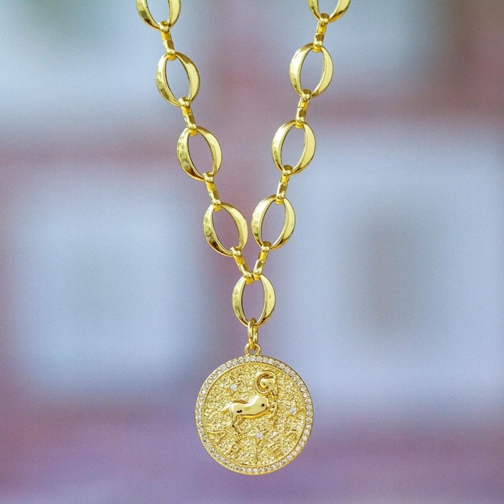 24k Gold-Plated Cubic Zirconia Aries Pendant Necklace 'Aries Born'