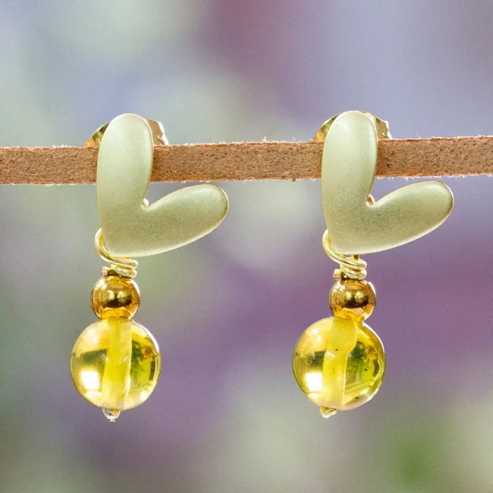 Romantic 14k Gold-Plated Natural Amber Dangle Earrings 'Intense Romance'