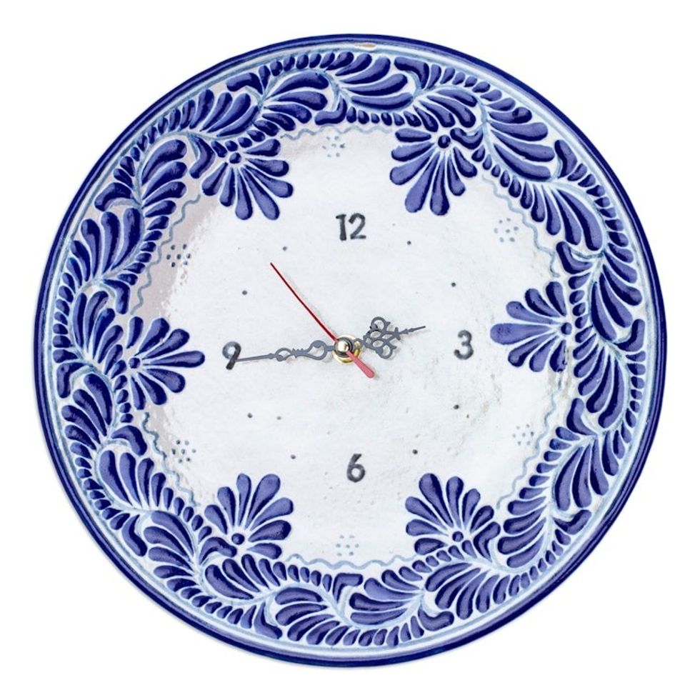 Hand-Painted Blue Talavera-Style Ceramic Wall Clock 'Talavera Time'