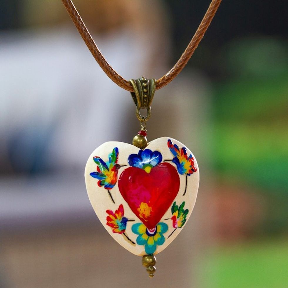 Hand-Painted Romantic Pinewood Pendant Necklace 'Passionate Realm'