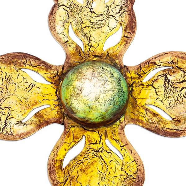 Alternate image for Handcrafted Steel Cross Wall Art in Yellow and Blue Hues Yellow Flames of Devotion