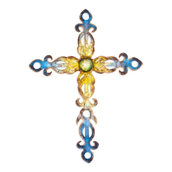 Alternate image for Handcrafted Steel Cross Wall Art in Yellow and Blue Hues Yellow Flames of Devotion
