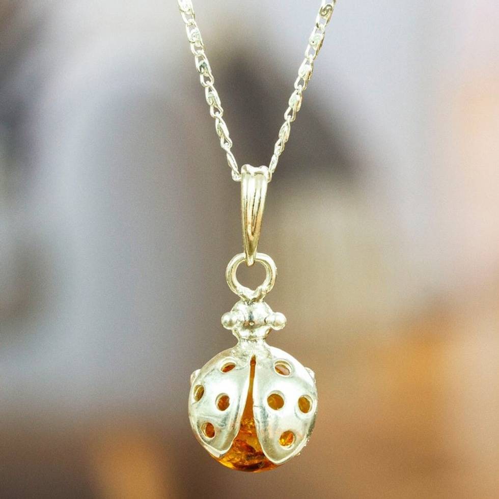 925 Sterling Silver and Amber Pendant Necklace from Mexico 'Bright Ladybug'