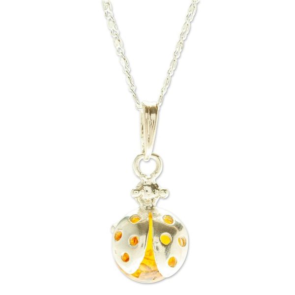 Alternate image for 925 Sterling Silver and Amber Pendant Necklace from Mexico Bright Ladybug