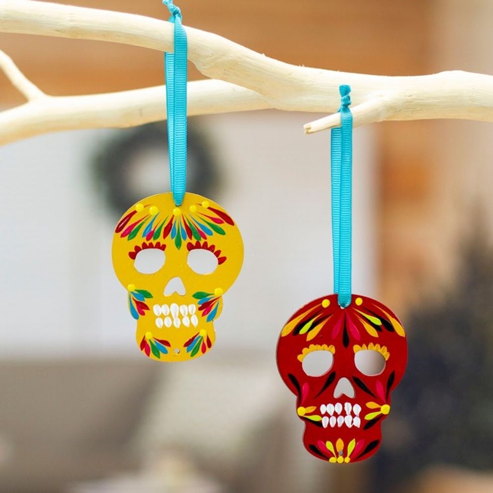 Pair of Hand-Painted Wood Day of the Dead Skull Ornaments 'Mexican Tradition'