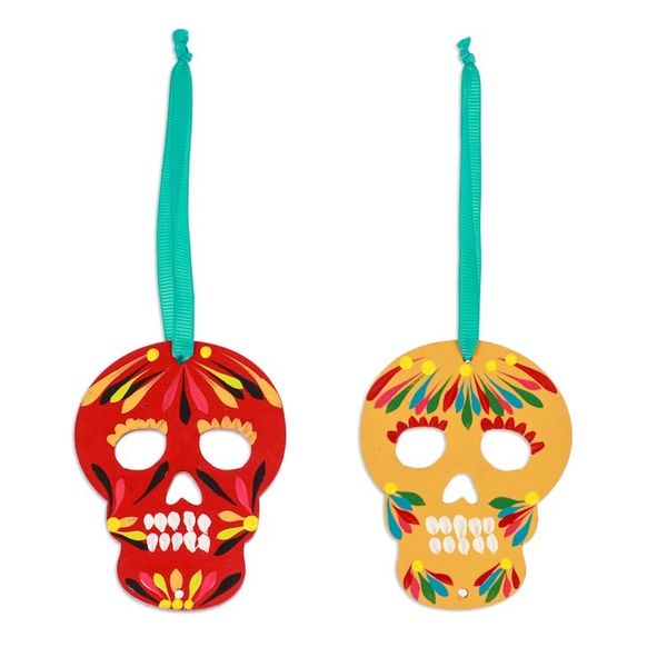 Alternate image for Pair of Hand-Painted Wood Day of the Dead Skull Ornaments Mexican Tradition