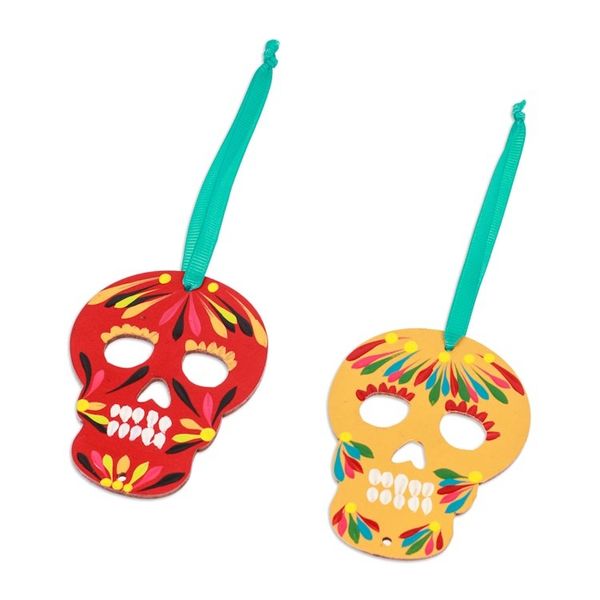 Alternate image for Pair of Hand-Painted Wood Day of the Dead Skull Ornaments Mexican Tradition
