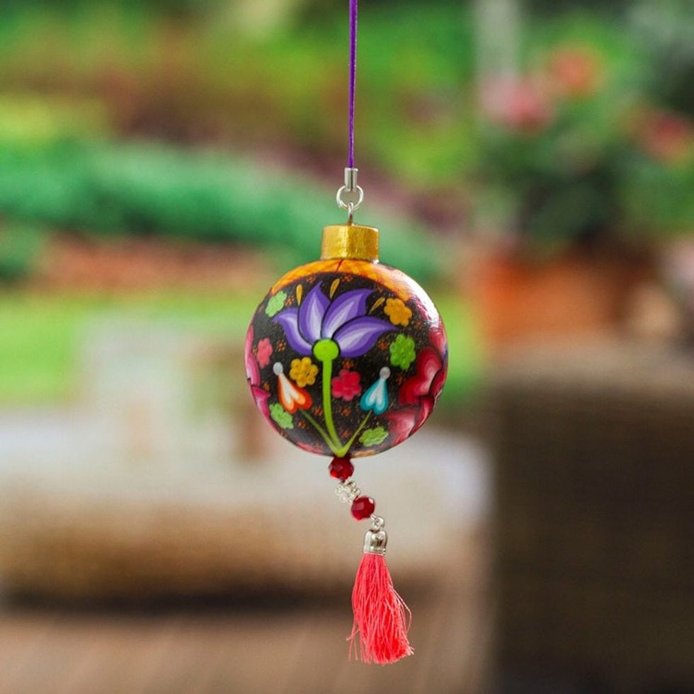 Hand-Painted Floral Copal Wood Ornament in Red Hues 'Oaxaca's Red Spring'