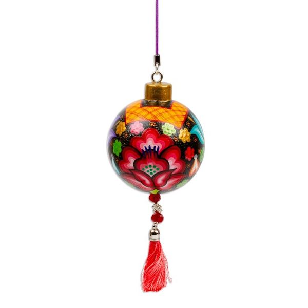 Alternate image for Hand-Painted Floral Copal Wood Ornament in Red Hues Oaxacas Red Spring