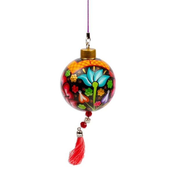 Alternate image for Hand-Painted Floral Copal Wood Ornament in Red Hues Oaxacas Red Spring