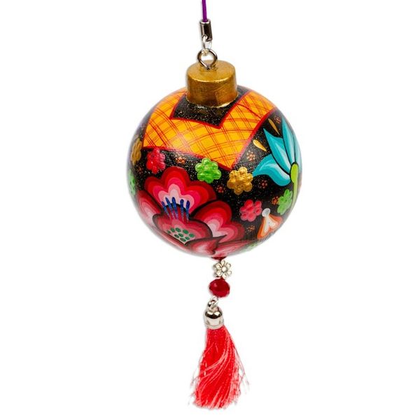 Alternate image for Hand-Painted Floral Copal Wood Ornament in Red Hues Oaxacas Red Spring