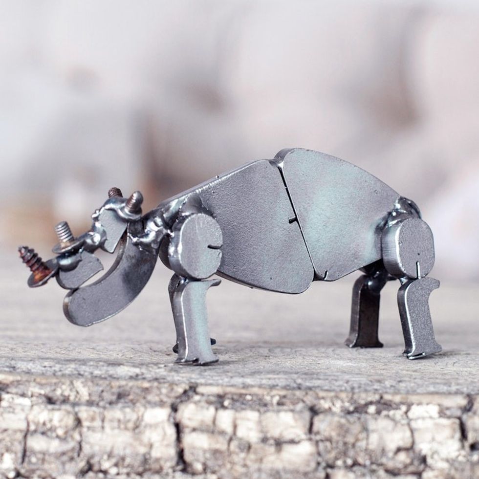 Handcrafted Recycled Scrap Metal Rhino Statuette 'Wild Strength'