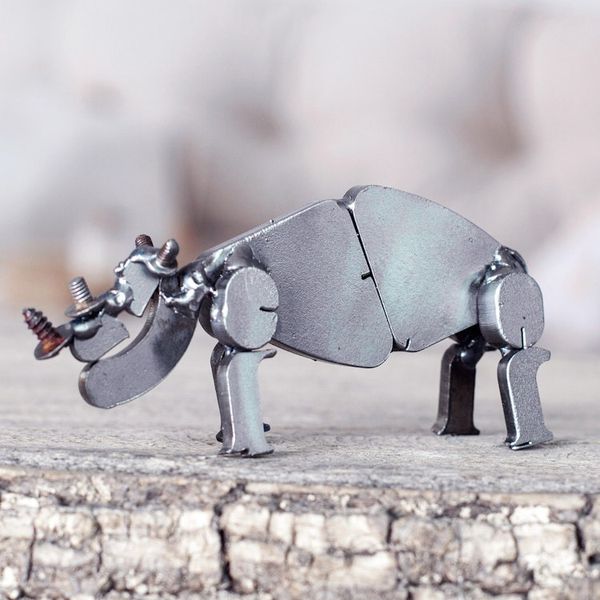 Alternate image for Handcrafted Recycled Scrap Metal Rhino Statuette Wild Strength