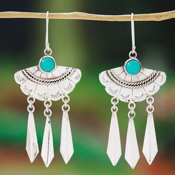 Alternate image for Taxco 925 Silver Turquoise Fan-Shaped Chandelier Earrings Fan Delight