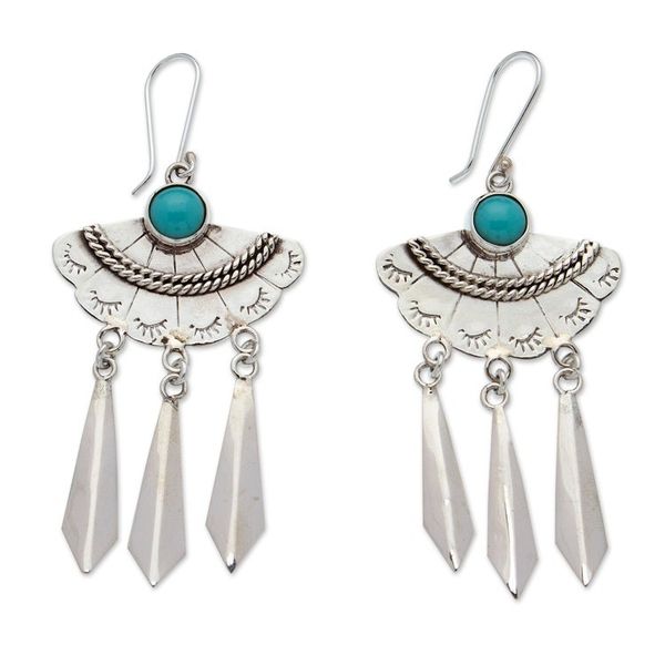 Alternate image for Taxco 925 Silver Turquoise Fan-Shaped Chandelier Earrings Fan Delight