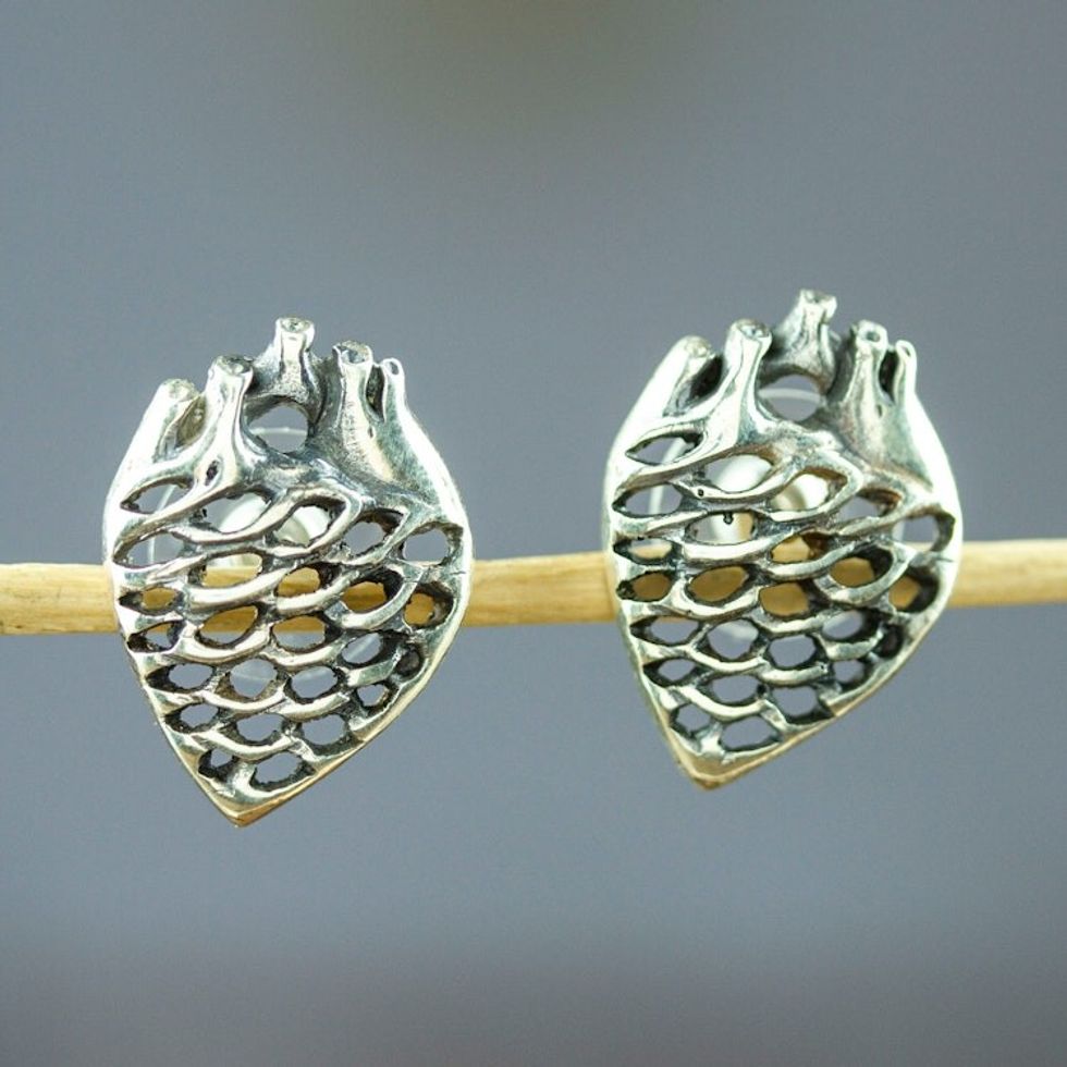 Sterling Silver Agave Heart Button Earrings 'Agave Heart'