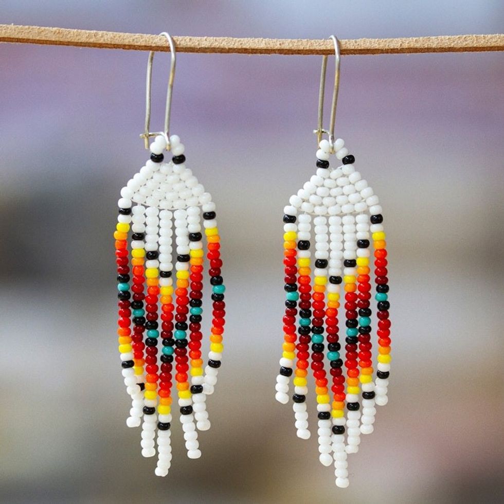 White and Orange Glass Beaded Dangle Earrings with Hooks 'Summer Sunrise Breeze'