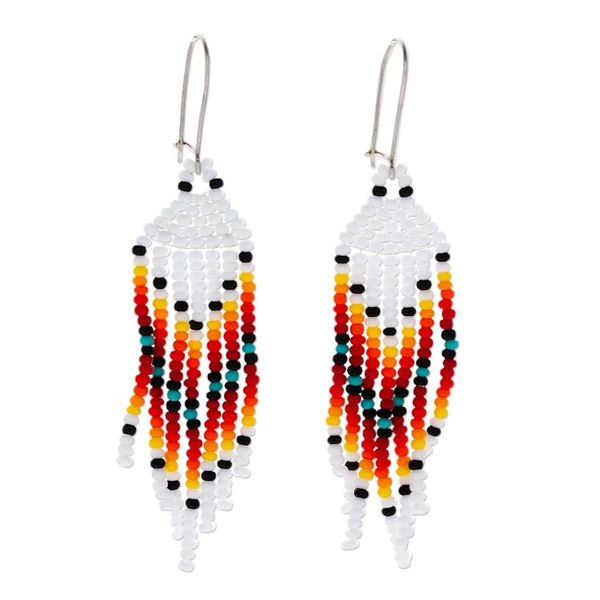 Alternate image for White and Orange Glass Beaded Dangle Earrings with Hooks Summer Sunrise Breeze