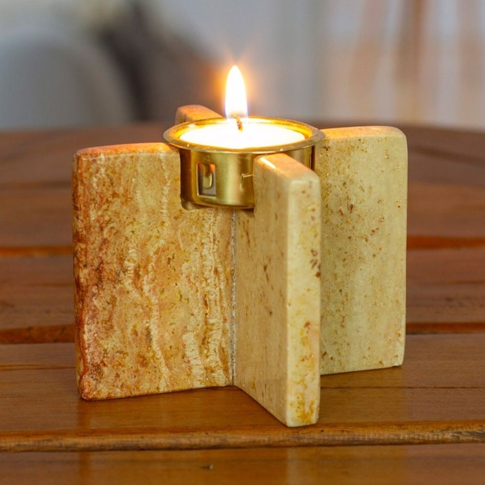 Cross-Shaped Natural Onyx and Aluminum Tealight Candleholder 'Lights of Elegance'