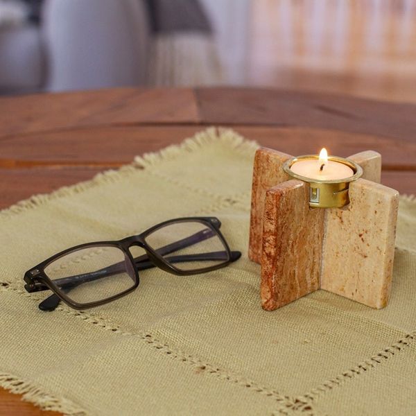 Alternate image for Cross-Shaped Natural Onyx and Aluminum Tealight Candleholder Lights of Elegance