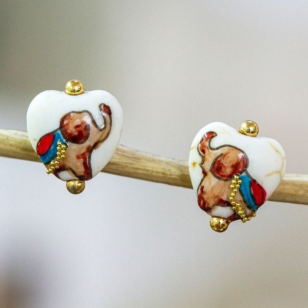 Alternate image for 14k Gold-Accented Howlite Stud Earrings with Elephant Motifs Golden Trunks