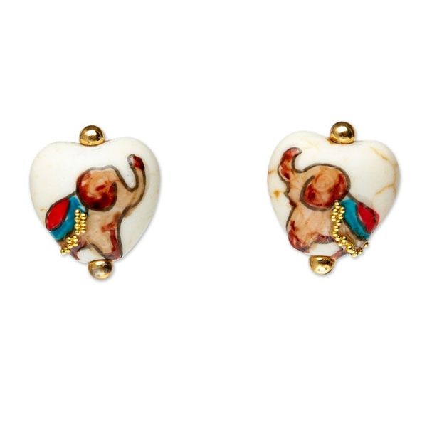 Alternate image for 14k Gold-Accented Howlite Stud Earrings with Elephant Motifs Golden Trunks
