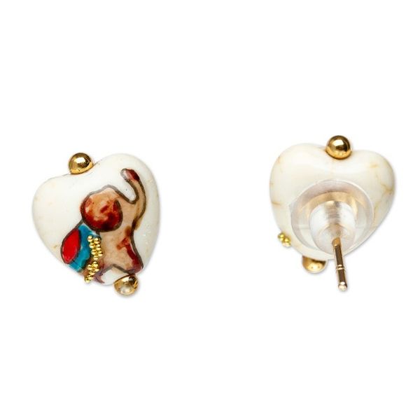 Alternate image for 14k Gold-Accented Howlite Stud Earrings with Elephant Motifs Golden Trunks