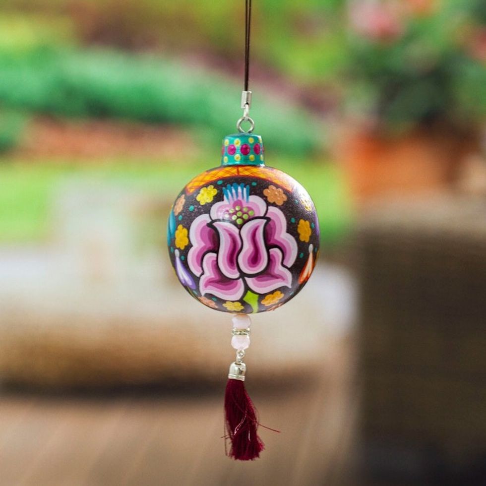 Hand-Painted Floral Copal Wood Ornament in Colorful Hues 'Oaxaca's Night Spring'