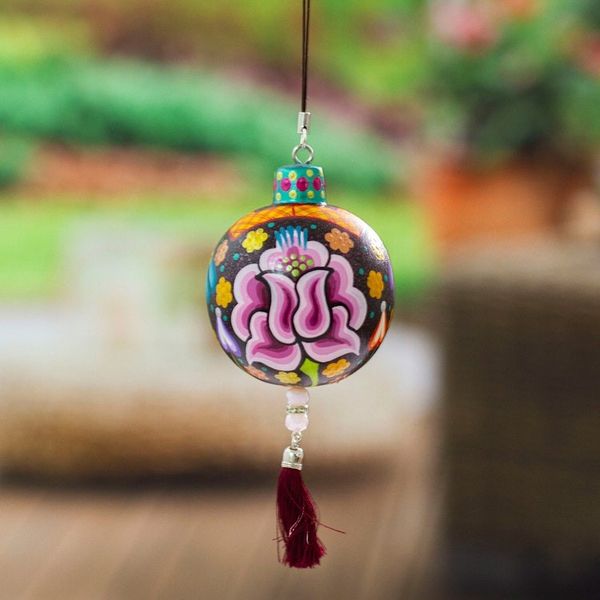 Alternate image for Hand-Painted Floral Copal Wood Ornament in Colorful Hues Oaxacas Night Spring