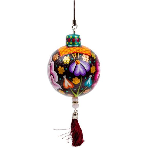 Alternate image for Hand-Painted Floral Copal Wood Ornament in Colorful Hues Oaxacas Night Spring